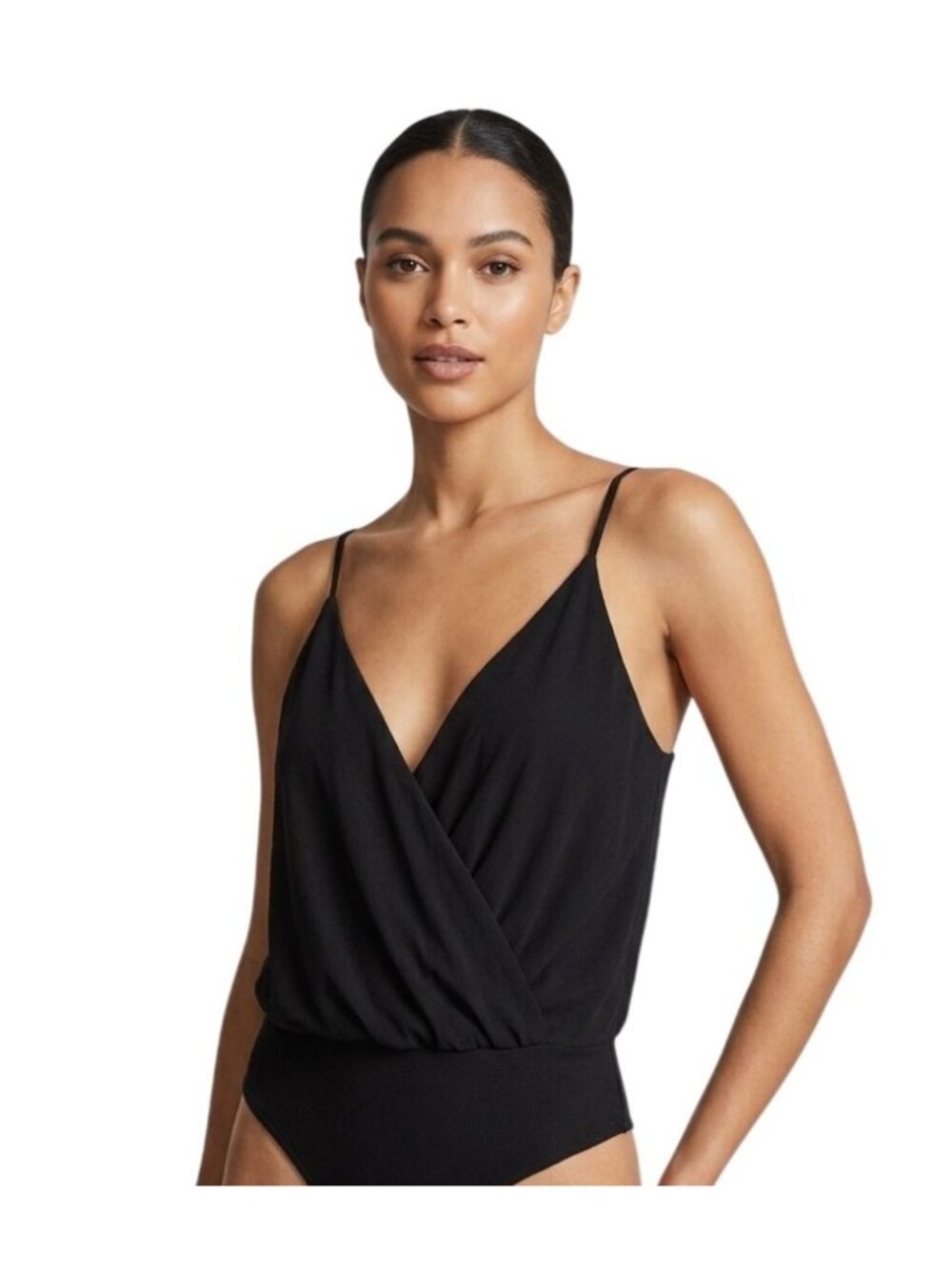 21 Saints Bodysuit Medium Surplice V-Neck Spaghetti Strap Quiet Luxury Black NEW